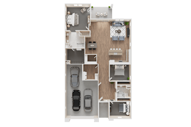 A floor plan of a house with a garage and a living room at Westpark in Buckeye, Arizona