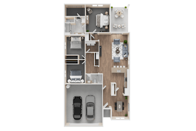 A floor plan of a house with a garage and two cars at Westpark in Buckeye, Arizona