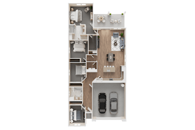 A floor plan of a house with a garage and a car at Westpark in Buckeye, Arizona