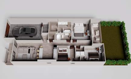 A 3D floor plan of a house with a car parked in the driveway.