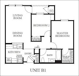 B1 Floorplan of 2 bedroom at Meadow Wood at Alamo Creek in Danville, CA 94506