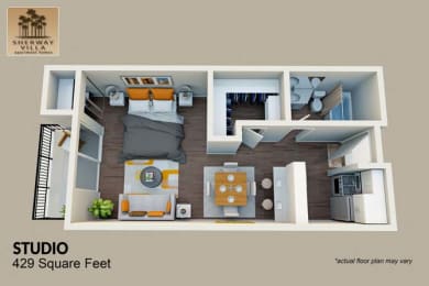 Studio 1 bath floor plan  at Sherway Villa, California, 91335