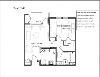 1 bed 1 bathroom floor plan at Deer Creek Apartments, San Ramon, California