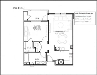1 bed 1 bathroom floor plan A at Deer Creek Apartments, San Ramon