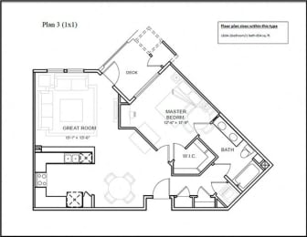 1 bed 1 bathroom floor plan B at Deer Creek Apartments, California