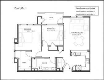 2 bed 1 bathroom floor plan at Deer Creek Apartments, San Ramon, CA, 94582