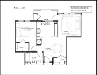 1 bed 1 bathroom floor plan E at Deer Creek Apartments, San Ramon, 94582