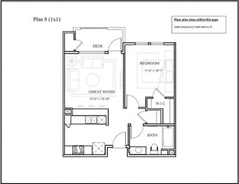 1 bed 1 bathroom floor plan F at Deer Creek Apartments, San Ramon, California