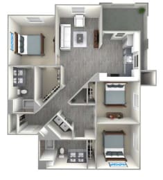 a bedroom with a bed and a chair in a small room at The Vineyards Apartments, Porter Ranch, CA