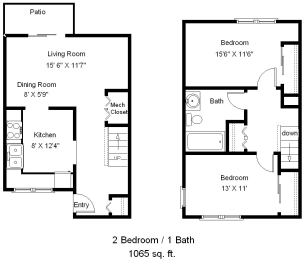 a floor plan of a house with two bedrooms and a living room
