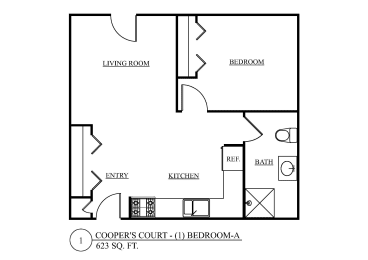 a floor plan of a studio apartment with a bedroom and a living room