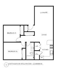 A black and white diagram of a house layout with two bedrooms, a living room, a dining area, a kitchen, and a utility space.