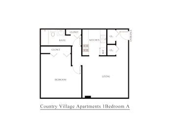 A floor plan of the Country Village Apartments 1 Bedroom A.