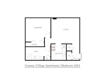 A floor plan of a 1 bedroom apartment in Country Village.