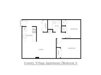 A floor plan of the Country Village Apartments 2 Bedroom A.