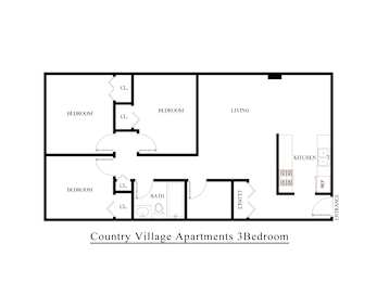 A black and white diagram of a 3 bedroom apartment layout.