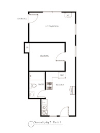 A black and white drawing of a floor plan for Serendipity 2 Unit 1.
