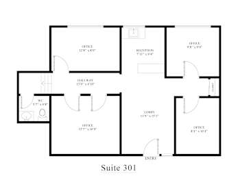 A floor plan of Suite 301 showing an office, reception, hallway, and bathroom.