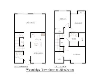 A black and white image of a floor plan for the Westridge Townhomes 3 Bedroom.