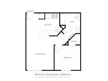 A black and white diagram of a one bedroom apartment.