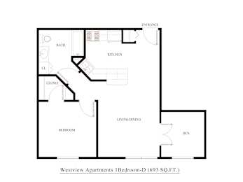 A floor plan of a bedroom in the Westview Apartments.