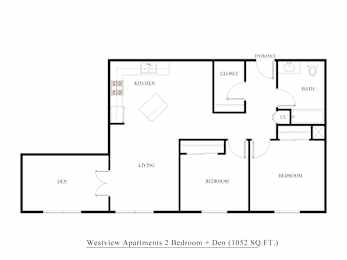 A floor plan of a 2 bedroom apartment with den.