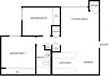 2 bedroom 1 bathroom Floor plan D at Villa Nueva Apartments, San Ysidro, CA