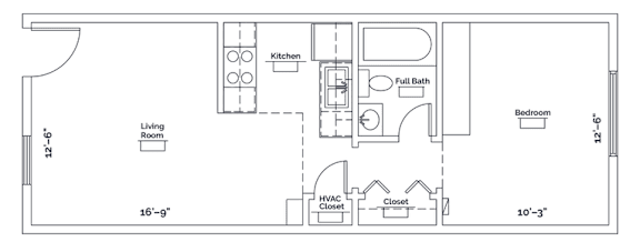 A floor plan of a small apartment with a living room, bedroom, kitchen, and bathroom.