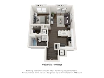 1 bed 1 bath floor plan C at Radius at Donelson, Nashville, Tennessee