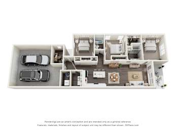A 3D floor plan of a house with a kitchen, living room, and two bedrooms.
