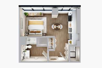 A top-down view of a small apartment with a bed, desk, and kitchenette.