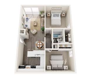 A dollhouse floor plan with a living room, kitchen, and bedroom.