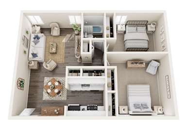 A top-down view of a small, neatly organized apartment with a kitchen, living room, and bedroom.