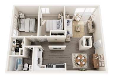 A top-down view of a small apartment with a kitchen, living room, and bathroom.