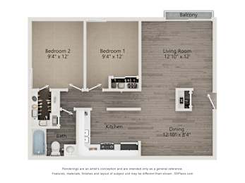 A floor plan of a house with two bedrooms, a living room, a kitchen, a dining area, and a bathroom.