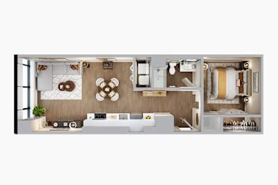 A floor plan of a house with a kitchen, living room, and bathroom.