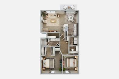 A floor plan of a house with a kitchen, living room, and two bedrooms.