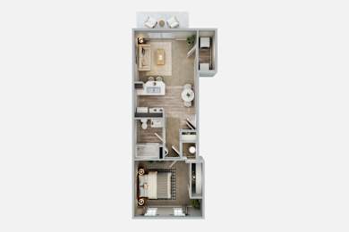 A 3D floor plan of a small apartment with a kitchen, living room, and bathroom.