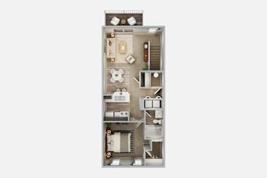 A floor plan of a small apartment with a kitchen, living room, and bathroom.