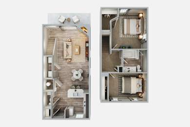A top-down view of a small apartment with a kitchen, living room, and bathroom.