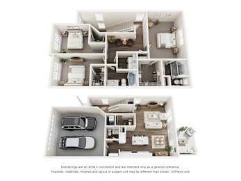 A 3D floor plan of a house with two bedrooms, two bathrooms, a living room, a kitchen, and a garage.