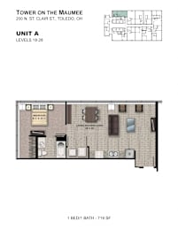 A drawing of a one bedroom apartment on the 2nd floor of a building.