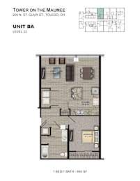 A floor plan of a 1 bedroom apartment in a building called Tower on the Maumee.