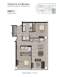A floor plan for a 2 bedroom, 2 bathroom apartment at the Tower on the Maumee.