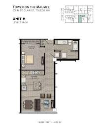 A floor plan for a 1 bedroom 1 bath unit at the Tower on the Maumee.