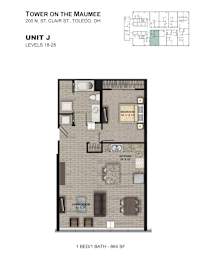 A diagram of a floor plan for a unit in a building called Tower on the Maumee.