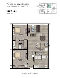 A floor plan for a 2 bedroom, 2 bathroom apartment at the Tower on the Maumee.