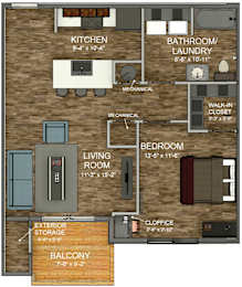 A floor plan of a small apartment with a living room, kitchen, bathroom, and balcony.