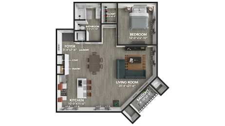 A floor plan of a small apartment with a living room, kitchen, bathroom, and bedroom.