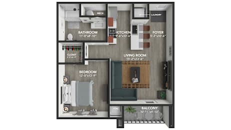 A floor plan of an apartment with a living room, dining room, kitchen, bathroom, bedroom and balcony.